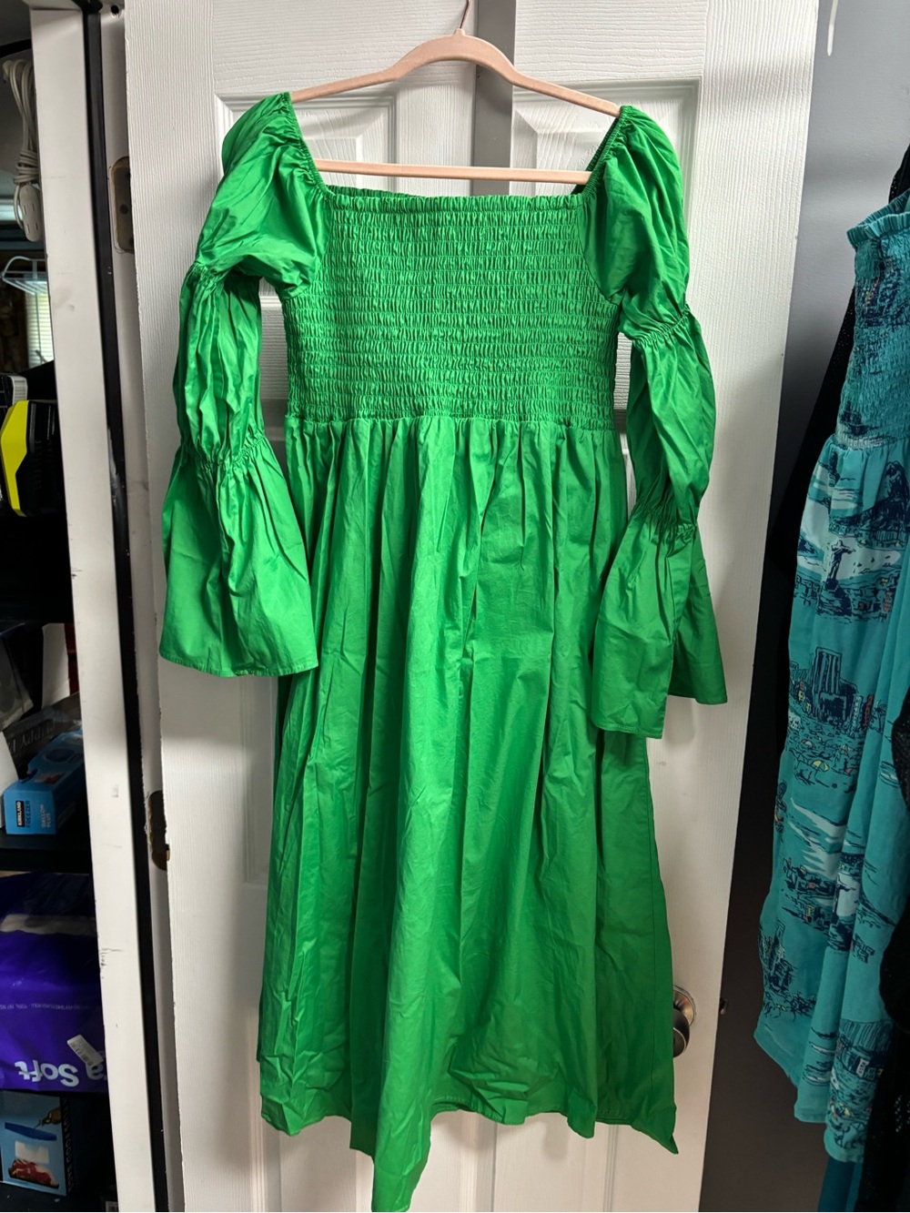 Eloquii Emerald Green Smocked Midi Dress with Puff Sleeves